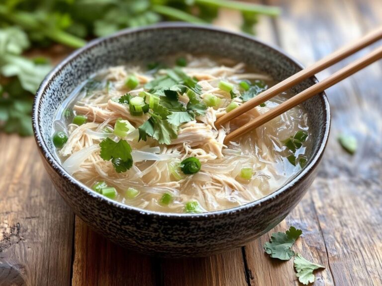 A bowl of chicken long rice garnished with green onions and served with chopsticks.