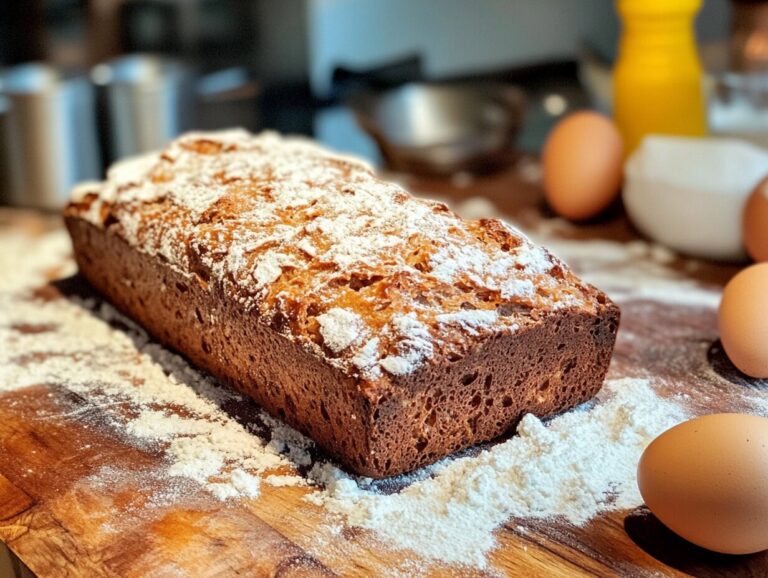 Freshly baked sourdough quick bread loaf on a wooden board