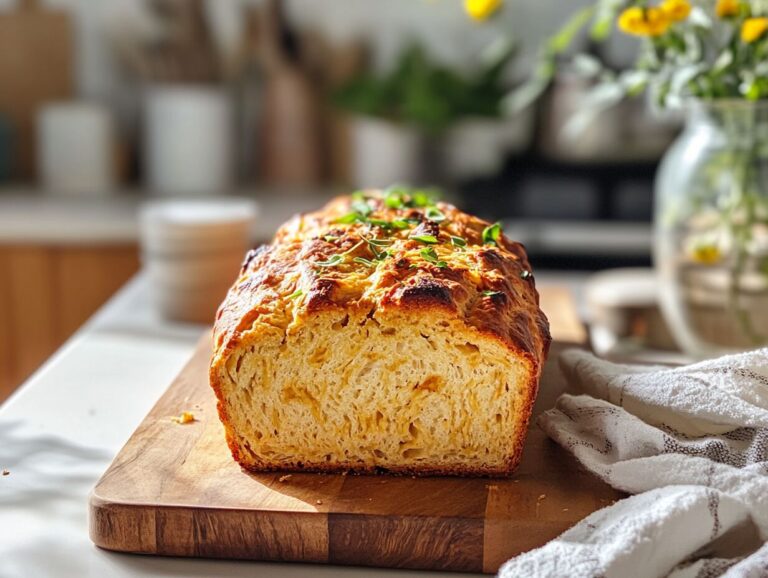 Freshly baked vegan bread loaf on a wooden cutting board.