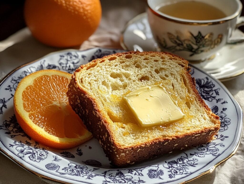 A slice of orange bread served with butter and a cup of tea.
