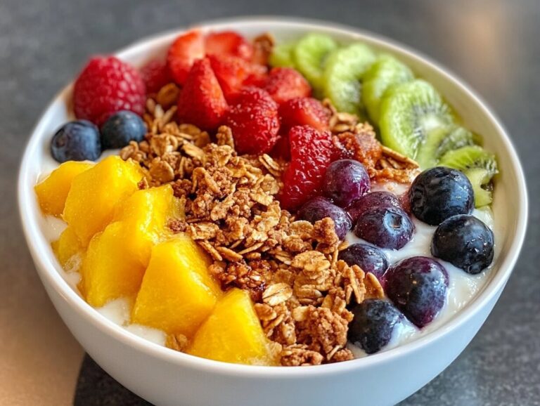 A vibrant breakfast bowl with mixed fruits, granola, and yogurt on a white table.