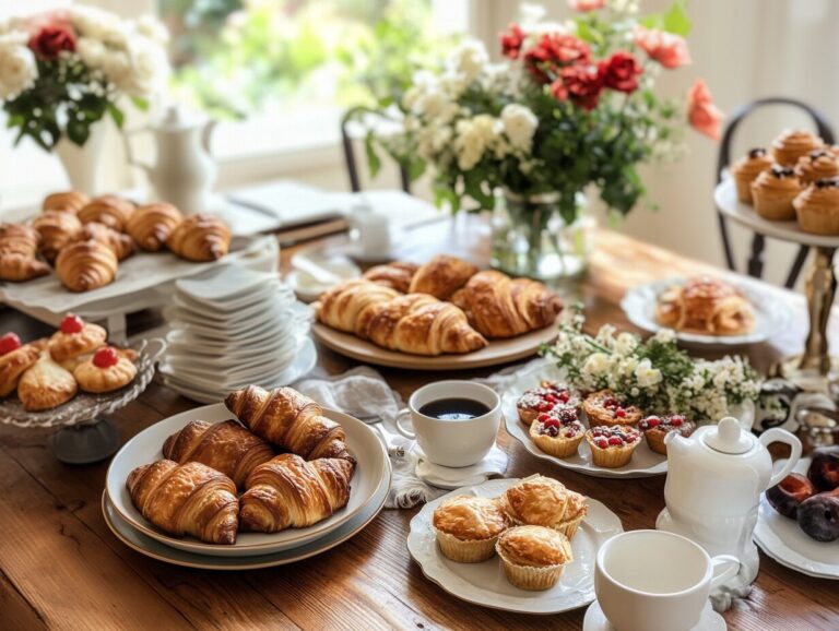 A selection of breakfast pastries, including croissants, danishes, and tarts