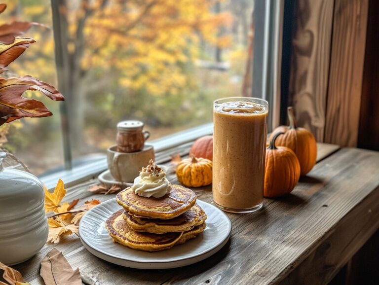 A cozy spread of pumpkin breakfast recipes including muffins, pancakes, and a smoothie.