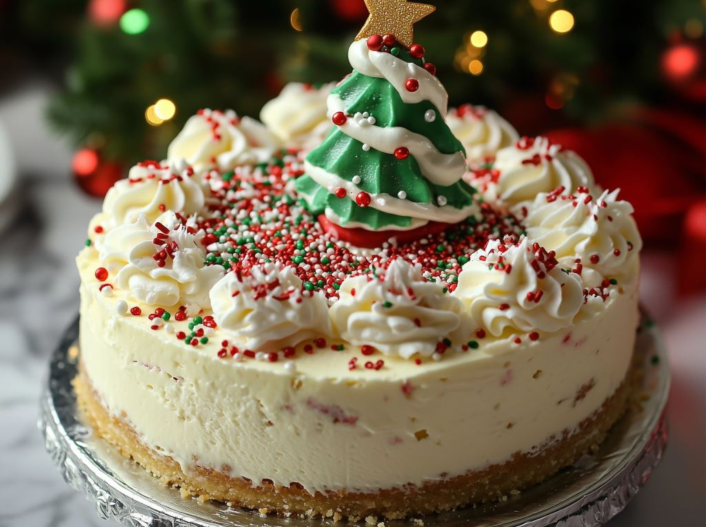 A beautifully Little Debbie Christmas Tree Cheesecake on a holiday table.