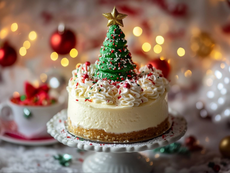 A beautifully decorated Little Debbie Christmas Tree Cheesecake on a holiday table.