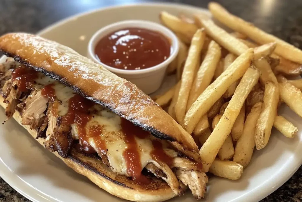 Chicken cheesesteak sandwich with melted cheese and fries on a plate.