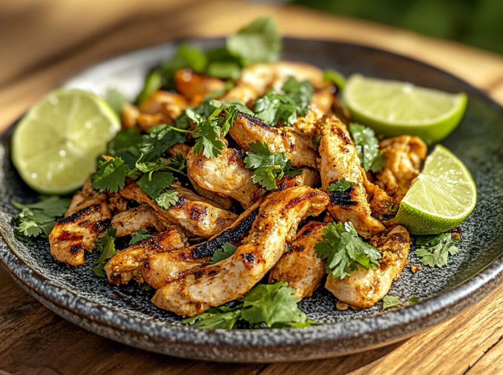 Grilled Qdoba-style chicken sliced and served with lime wedges and garnishes.