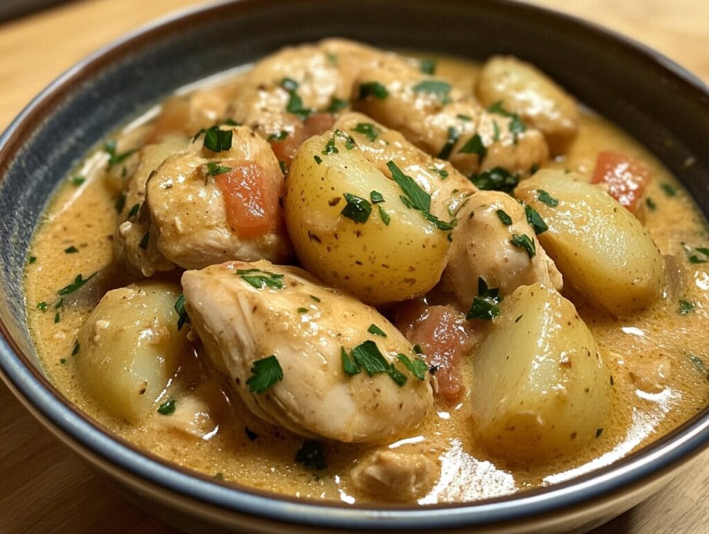 A bowl of creamy chicken and potato stew garnished with fresh parsley.