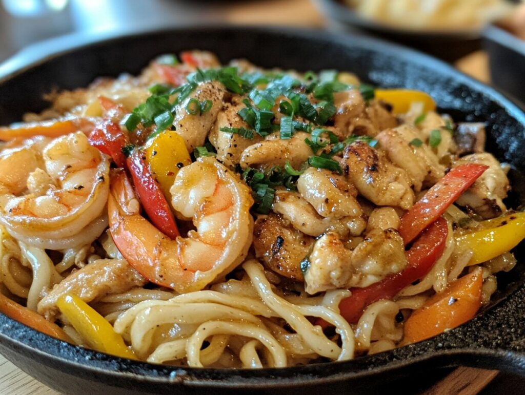 Garlic butter chicken and shrimp stir-fry with colorful vegetables in a skillet.