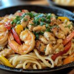 Garlic butter chicken and shrimp stir-fry with colorful vegetables in a skillet.