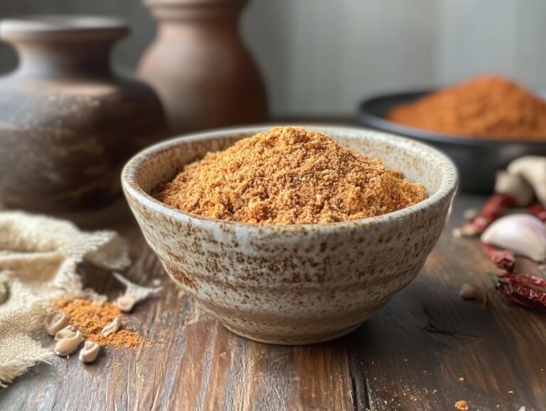 A bowl of homemade chicken taco seasoning with fresh spices around it.