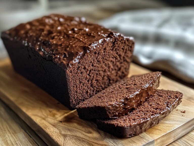 Freshly baked chocolate bread loaf with slices on a wooden board.