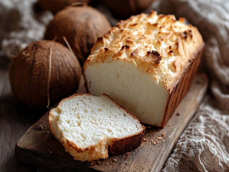 Freshly baked coconut bread loaf with a slice cut out.