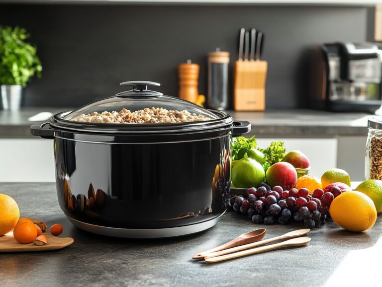 Crockpot filled with a hearty breakfast dish, surrounded by fresh ingredients in a cozy kitchen.