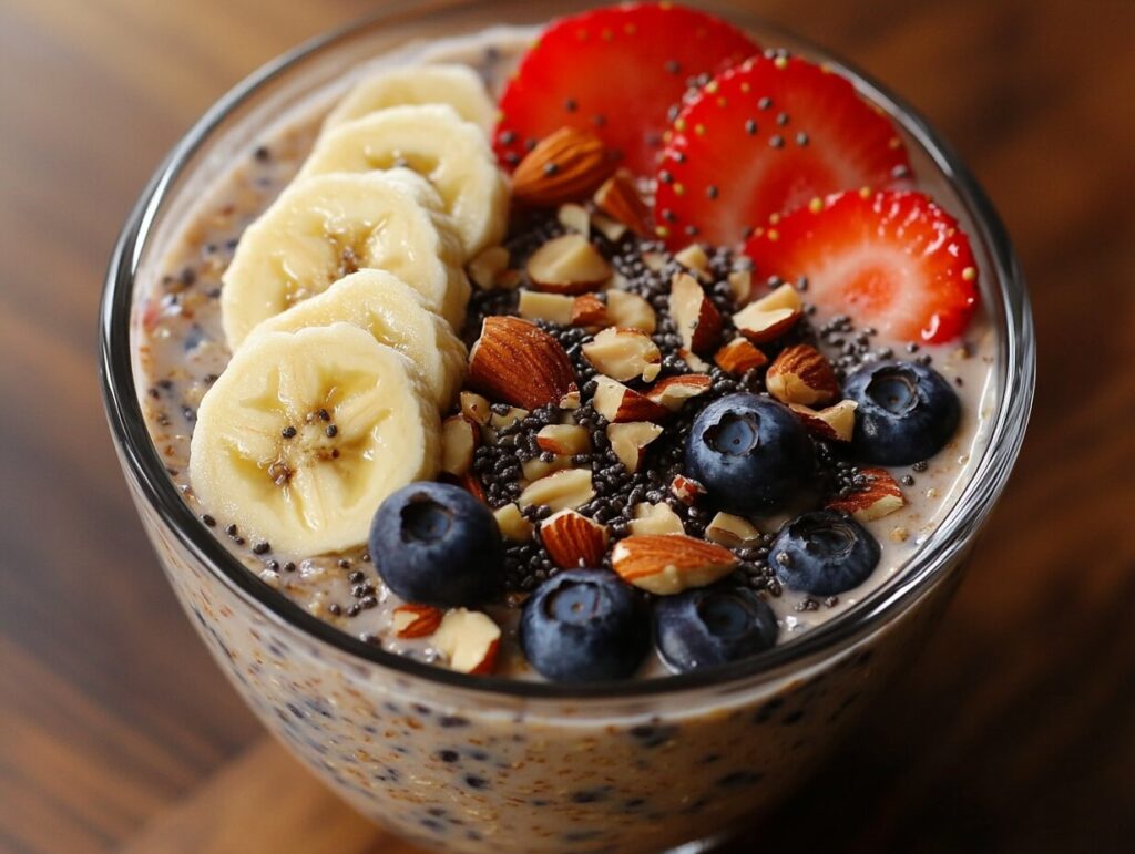 A bowl of overnight oats topped with fresh berries, bananas, and nuts.