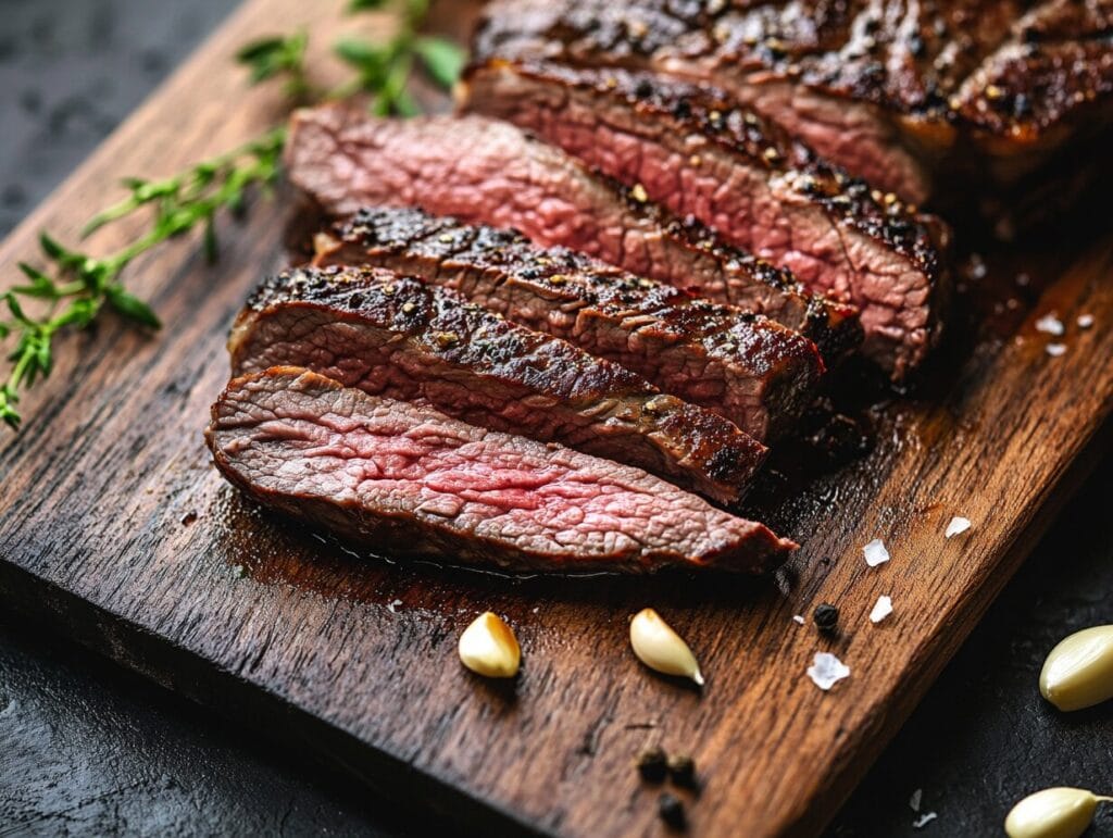 Close-up of a juicy elk roast sliced into pieces on a wooden board with rosemary and garlic.