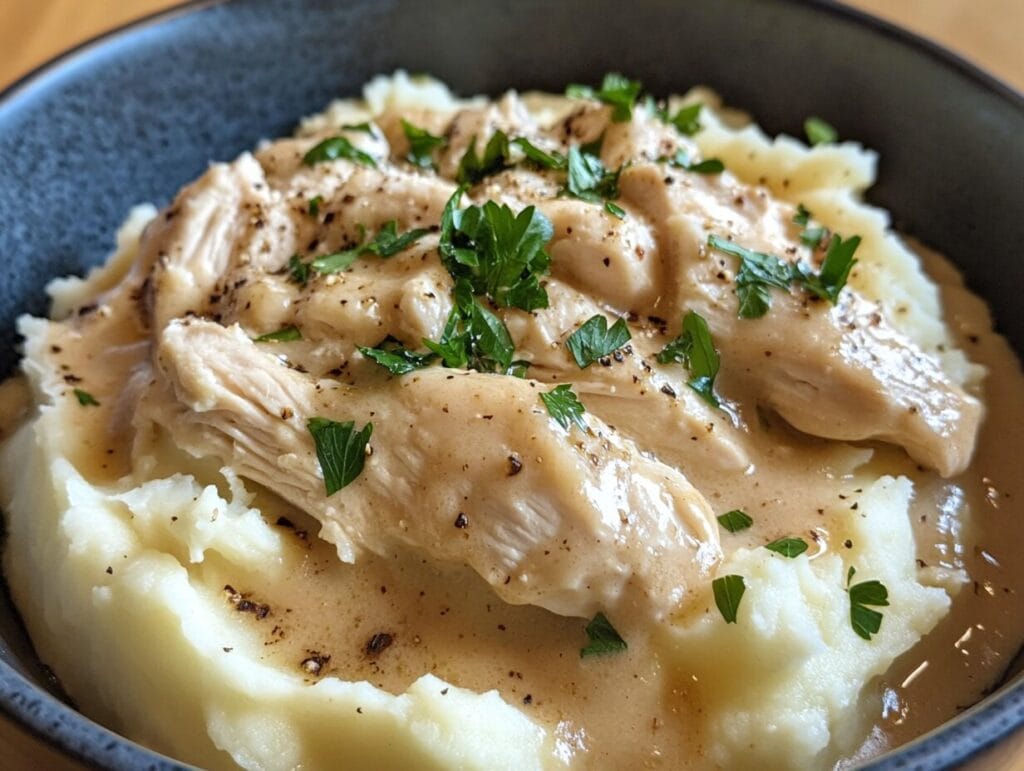 A plate of shredded ranch chicken served over mashed potatoes with parsley garnish.