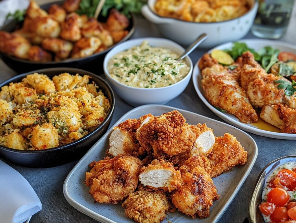 A table featuring gluten-free chicken dishes, including crispy fried chicken, creamy Tuscan chicken, and baked Parmesan-crusted chicken.