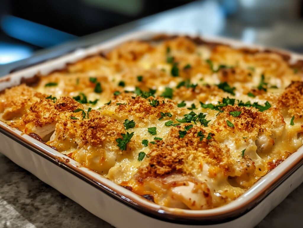 Chicken and dressing recipe served in a casserole dish with golden crust and fresh parsley garnish.