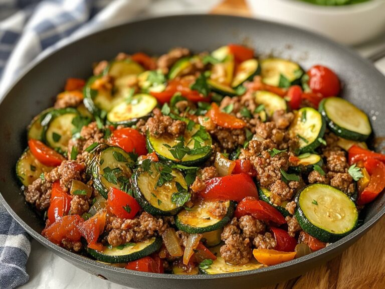 A skillet filled with ground sausage, zucchini, bell peppers, and cherry tomatoes.