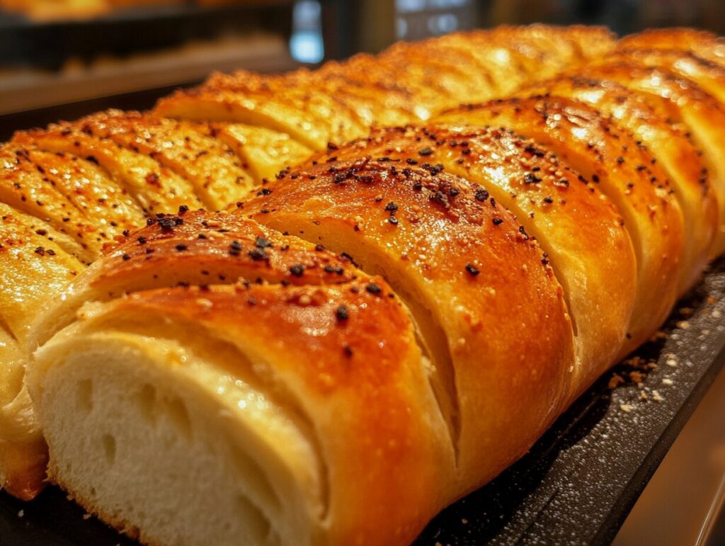 Crusty Italian bread recipe featuring a golden loaf with a soft, airy interior on a wooden cutting board, accompanied by olive oil and fresh rosemary.