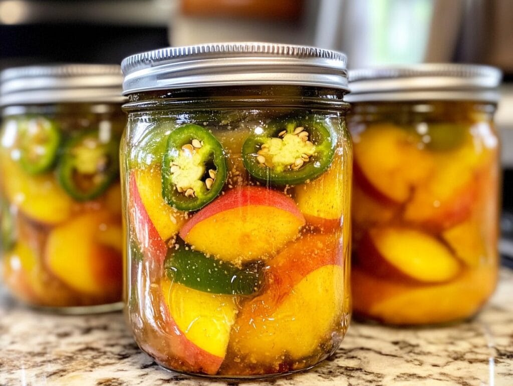A jar of peach jalapeño jam with fresh peaches and jalapeños.