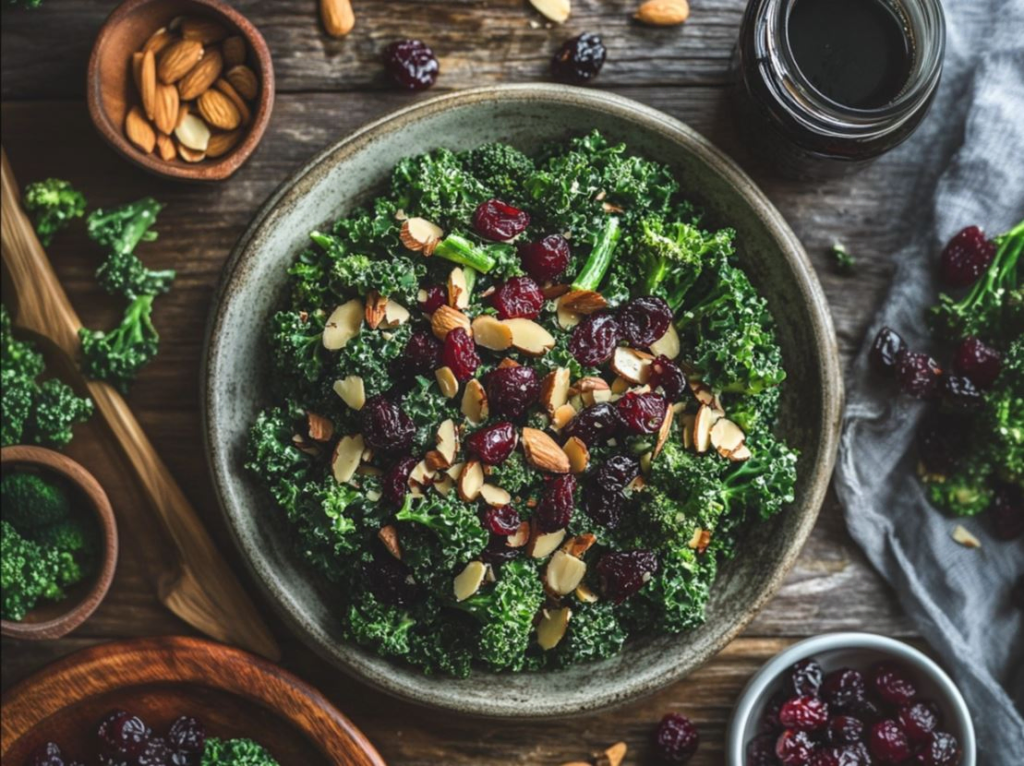 A Chick-fil-A Kale Salad served in a white bowl, featuring fresh kale, broccolini, dried cherries, and roasted almonds, lightly coated with a sweet and tangy dressing. Surrounding the bowl are small ingredient dishes and a jar of dressing on a rustic wooden table.