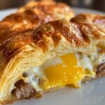 A freshly baked crescent roll breakfast casserole with layers of sausage, eggs, and cheese, garnished with chives, served in a glass baking dish.