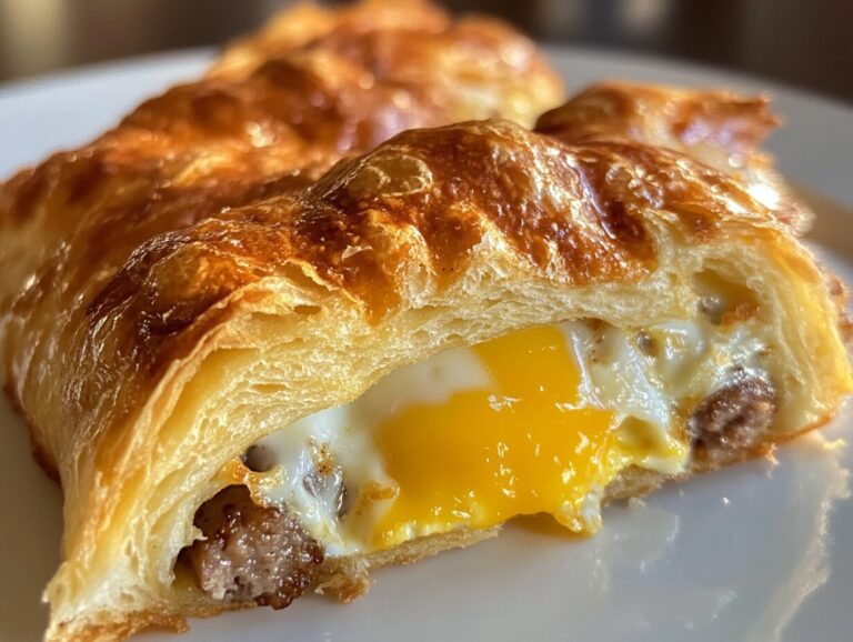 A freshly baked crescent roll breakfast casserole with layers of sausage, eggs, and cheese, garnished with chives, served in a glass baking dish.