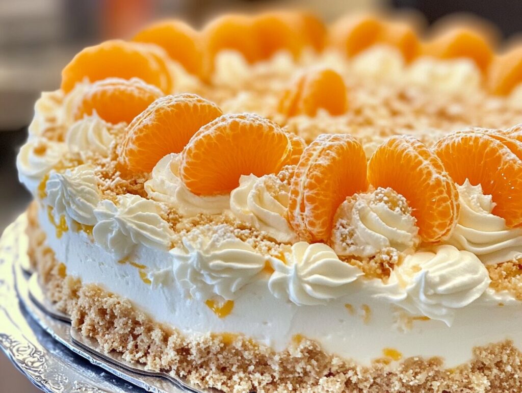 A freshly baked mandarin orange cake garnished with orange slices