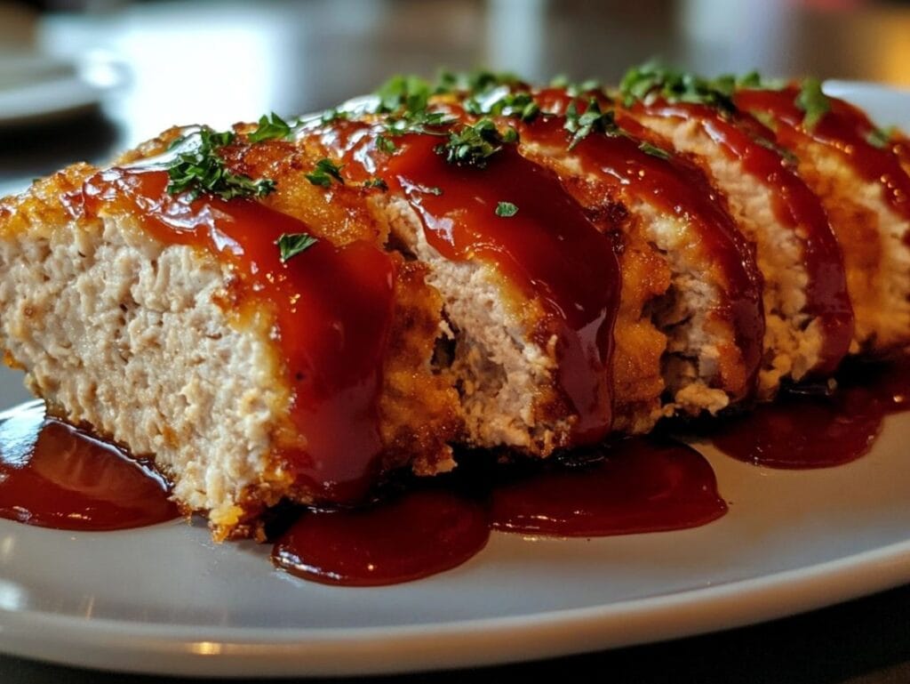 Sliced chicken meatloaf with a shiny ketchup glaze on a wooden cutting board.