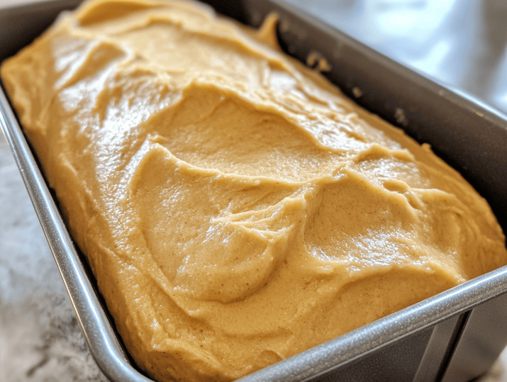 Orange bread batter in a loaf pan, ready for baking