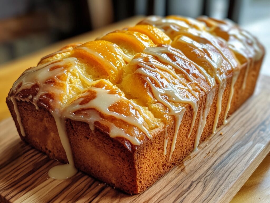 Homemade orange bread with orange glaze and fresh oranges on a wooden board.