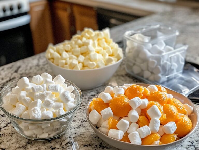 Fresh ingredients including canned mandarin oranges, crushed pineapple, whipped topping, and mini marshmallows.