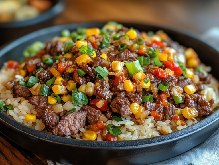 A sizzling plate of Pepper Lunch with beef, rice, corn, and vegetables.