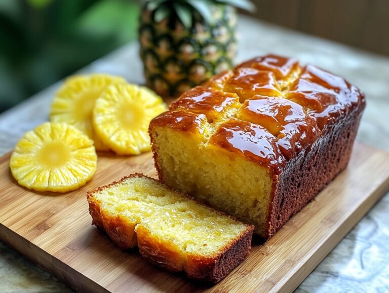 Freshly baked pineapple bread loaf on a wooden cutting board.