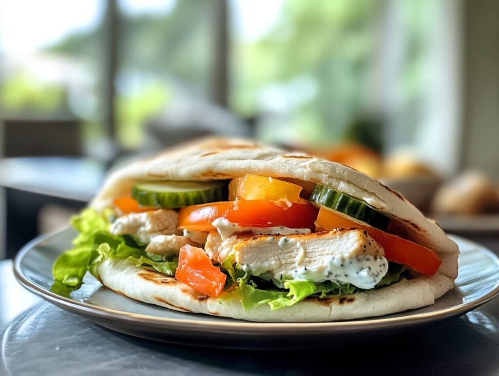 A freshly prepared chicken pita filled with marinated chicken, lettuce, tomatoes, cucumbers, and tzatziki.