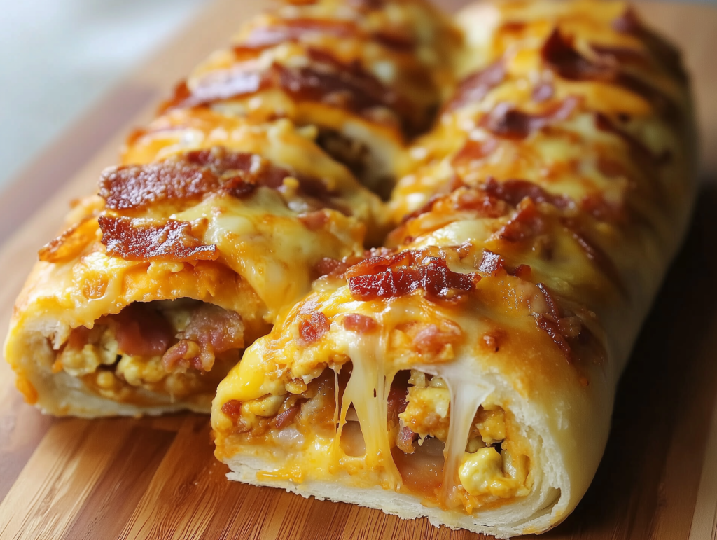 Close-up of a sliced breakfast pizza roll showing its egg, cheese, and bacon filling.