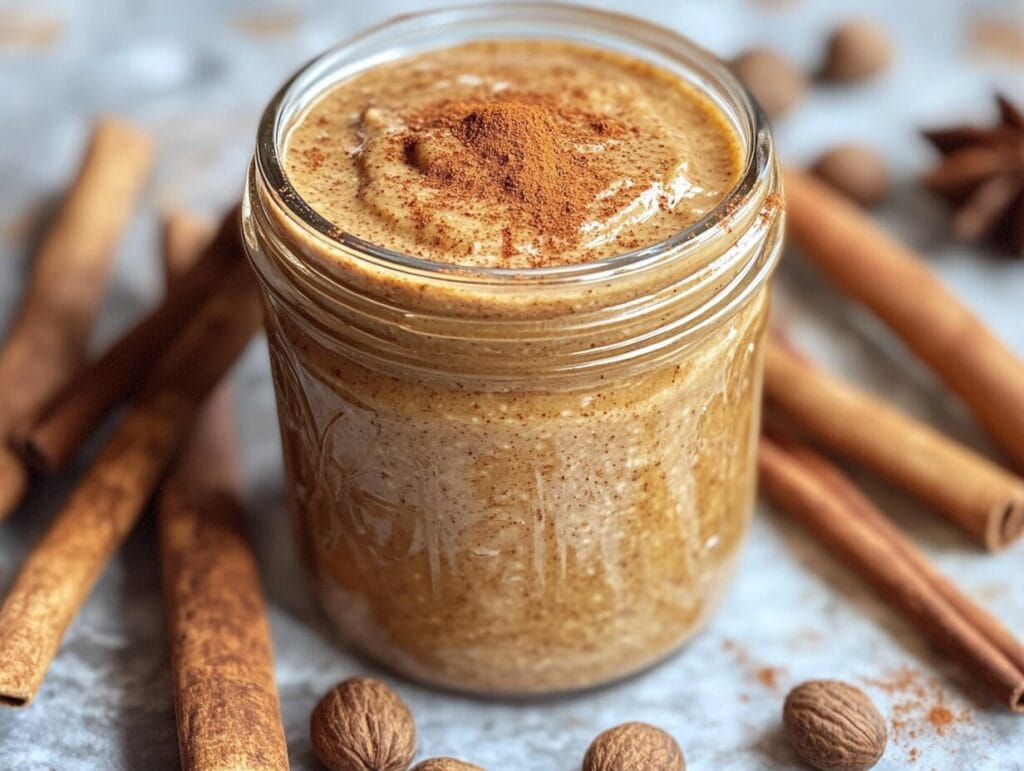 A glass jar of homemade pumpkin spice creamer surrounded by fall spices and a coffee mug.