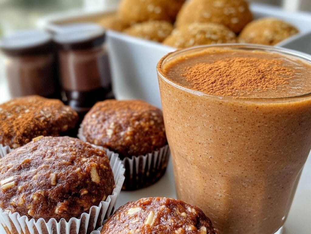 A glass of pumpkin spice protein smoothie surrounded by energy bites, muffins, and fall leaves.