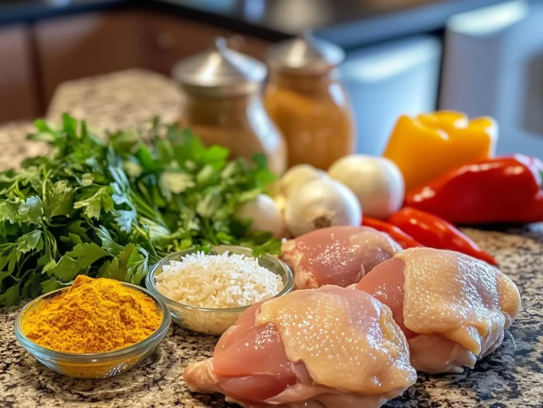 Key ingredients for chicken and yellow rice, including chicken, rice, spices, and vegetables.