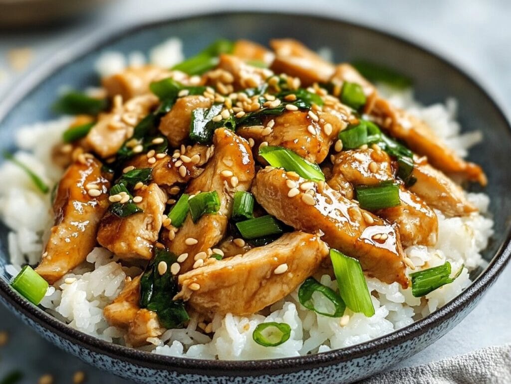 A plate of ginger chicken served over steamed rice with scallions and sesame seeds.