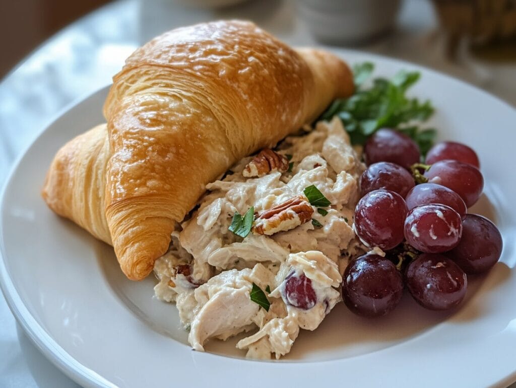 A creamy chicken salad served in a bowl with fresh grapes, pecans, and a croissant on the side.