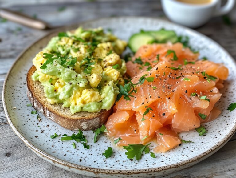 A rustic breakfast spread with smoked salmon, avocado toast, eggs, and fresh herbs.