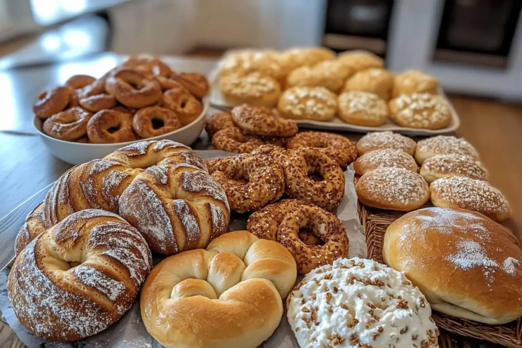 A table filled with sourdough bagels, pretzels, doughnuts, and other non-bread sourdough treats.