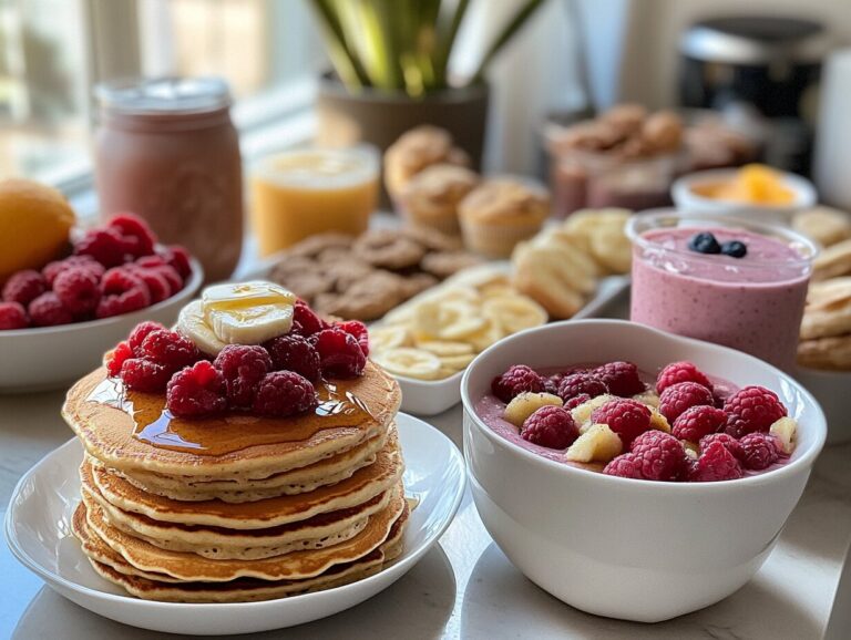 A variety of sweet breakfast recipes including pancakes, muffins, and smoothie bowls.