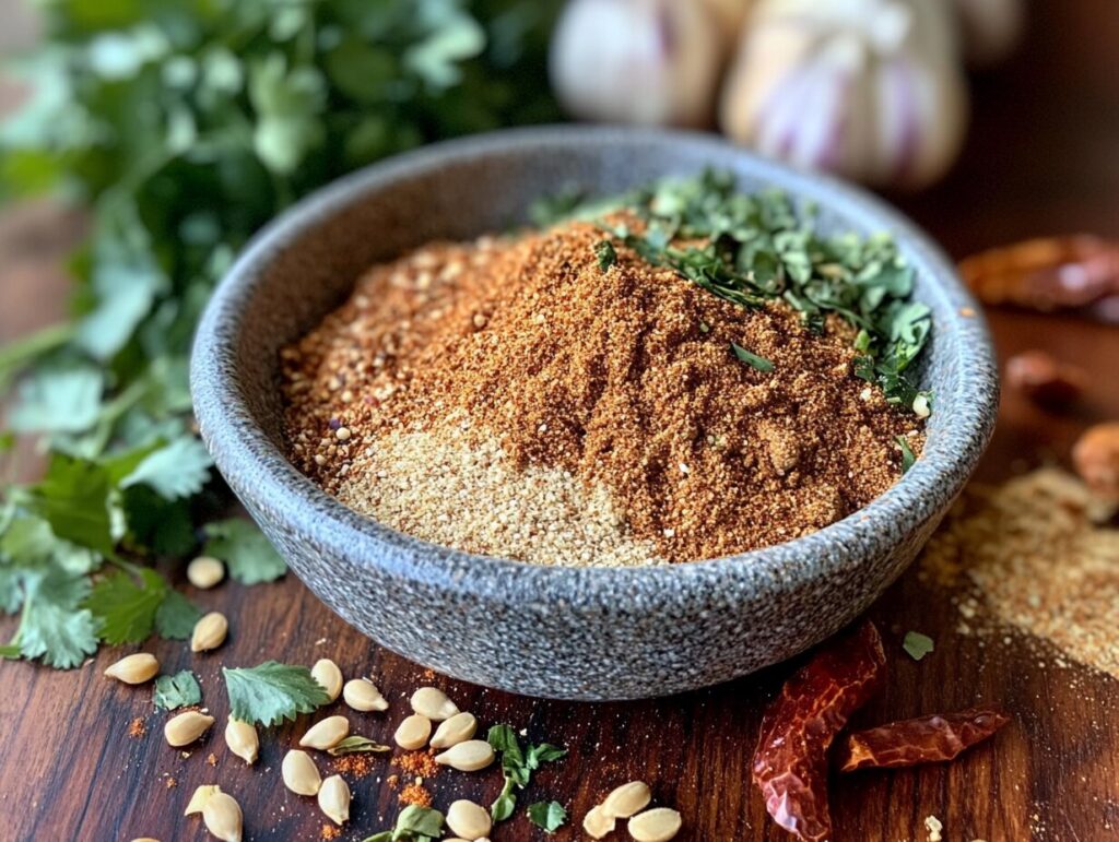 A vibrant bowl of taco seasoning surrounded by fresh spices.