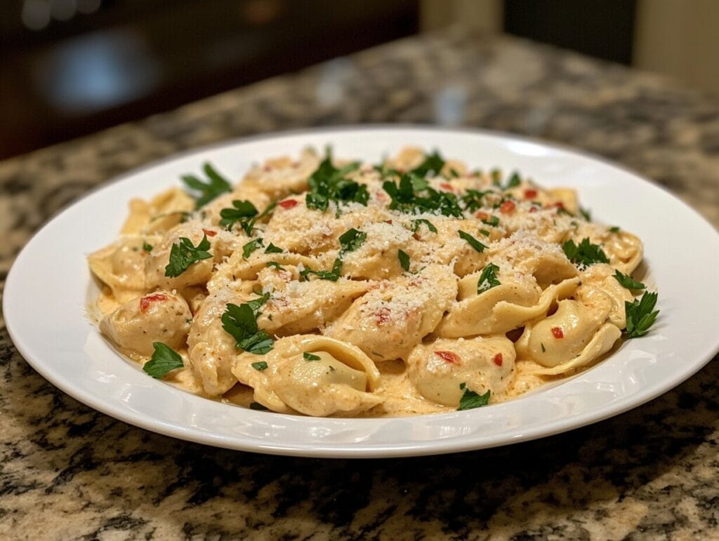A plate of creamy chicken tortellini topped with fresh parsley and grated Parmesan cheese.