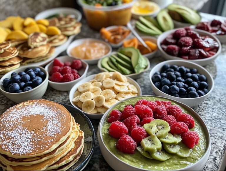 A vibrant spread of vegan breakfast dishes including smoothie bowls, avocado toast, and pancakes.