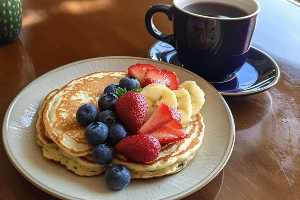 A plate of blueberry pancakes served with fresh strawberries, bananas, blueberries, and a cup of coffee in the background.